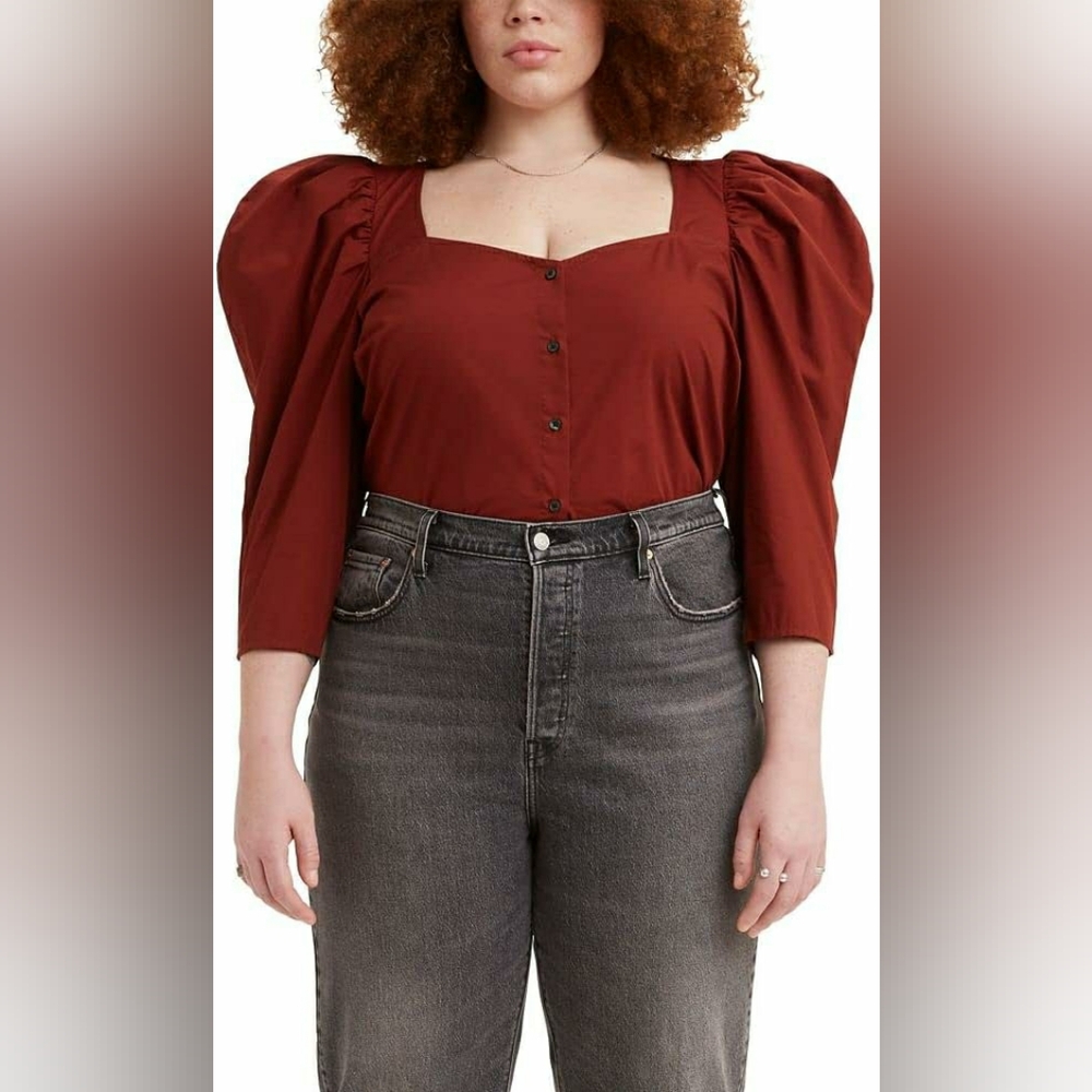 Levi's Top Ellora Blouse Button Up Shirt Cropped Long Puff Sleeve Logo Size L
